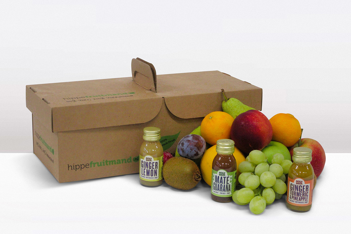Fruitmand met Biologisch fruit Ginger shot